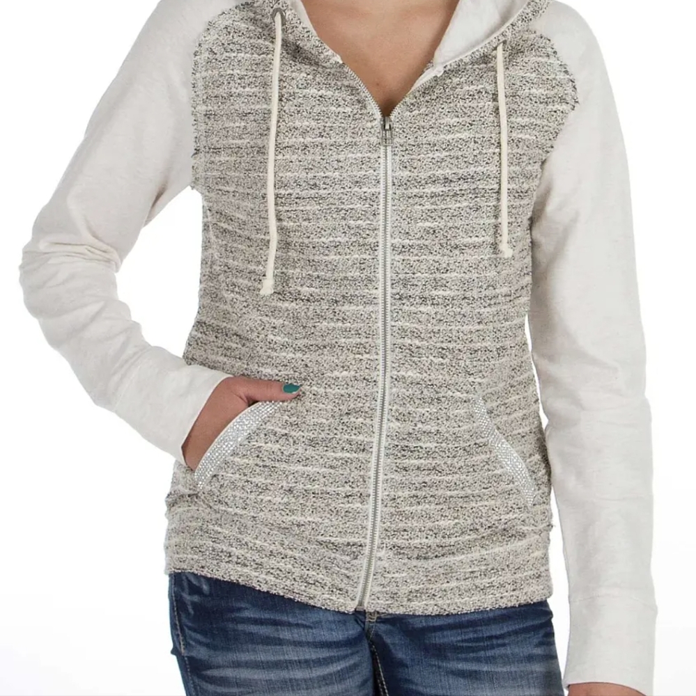Miss Me Cream & Heathered Taupe Zip Hoodie